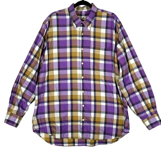 Peter Millar Mens Xl Long Sleeve Button Down Shirt Purple Tan Plaid Cotton